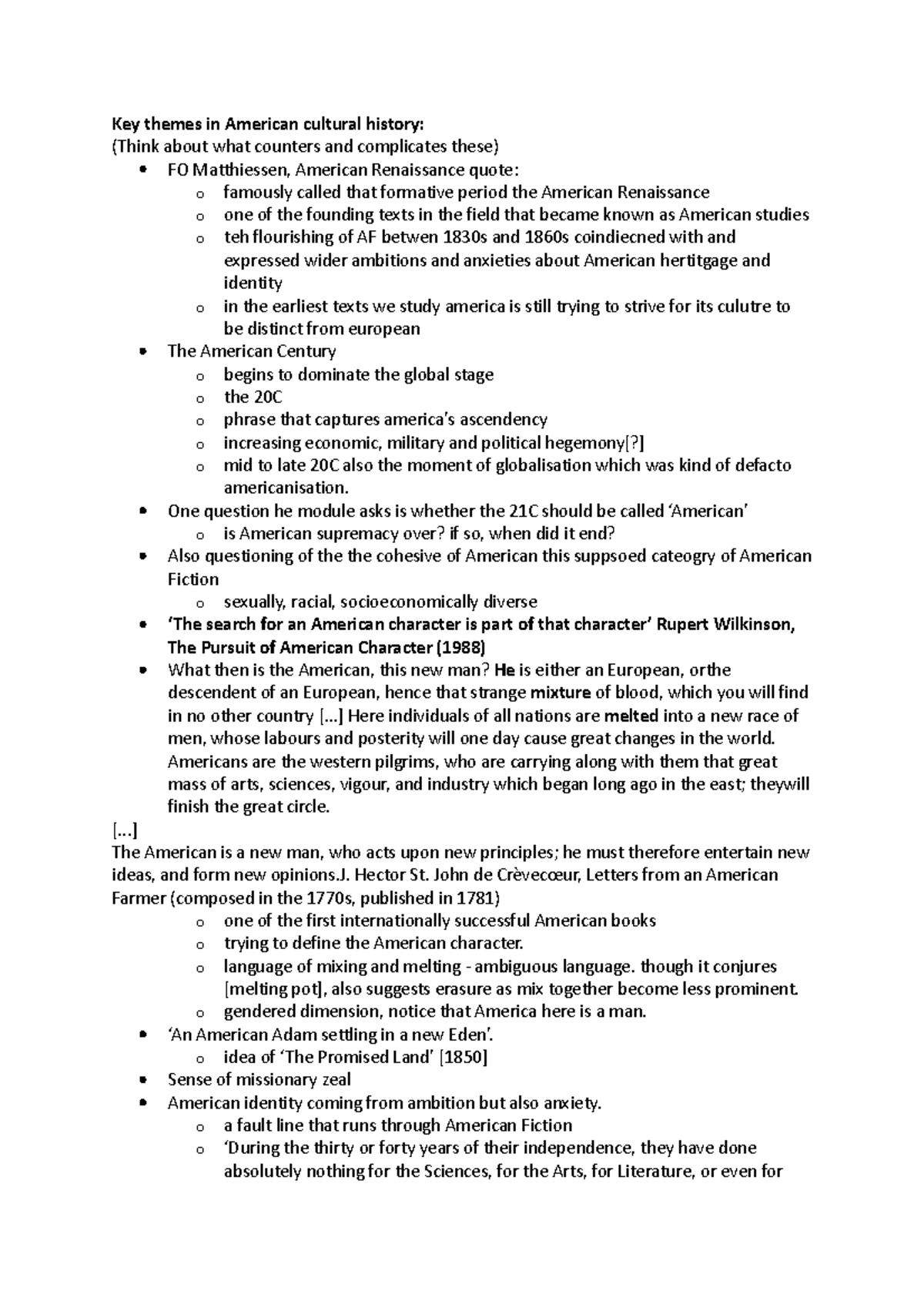American fiction lecture 1 Key themes in American cultural history