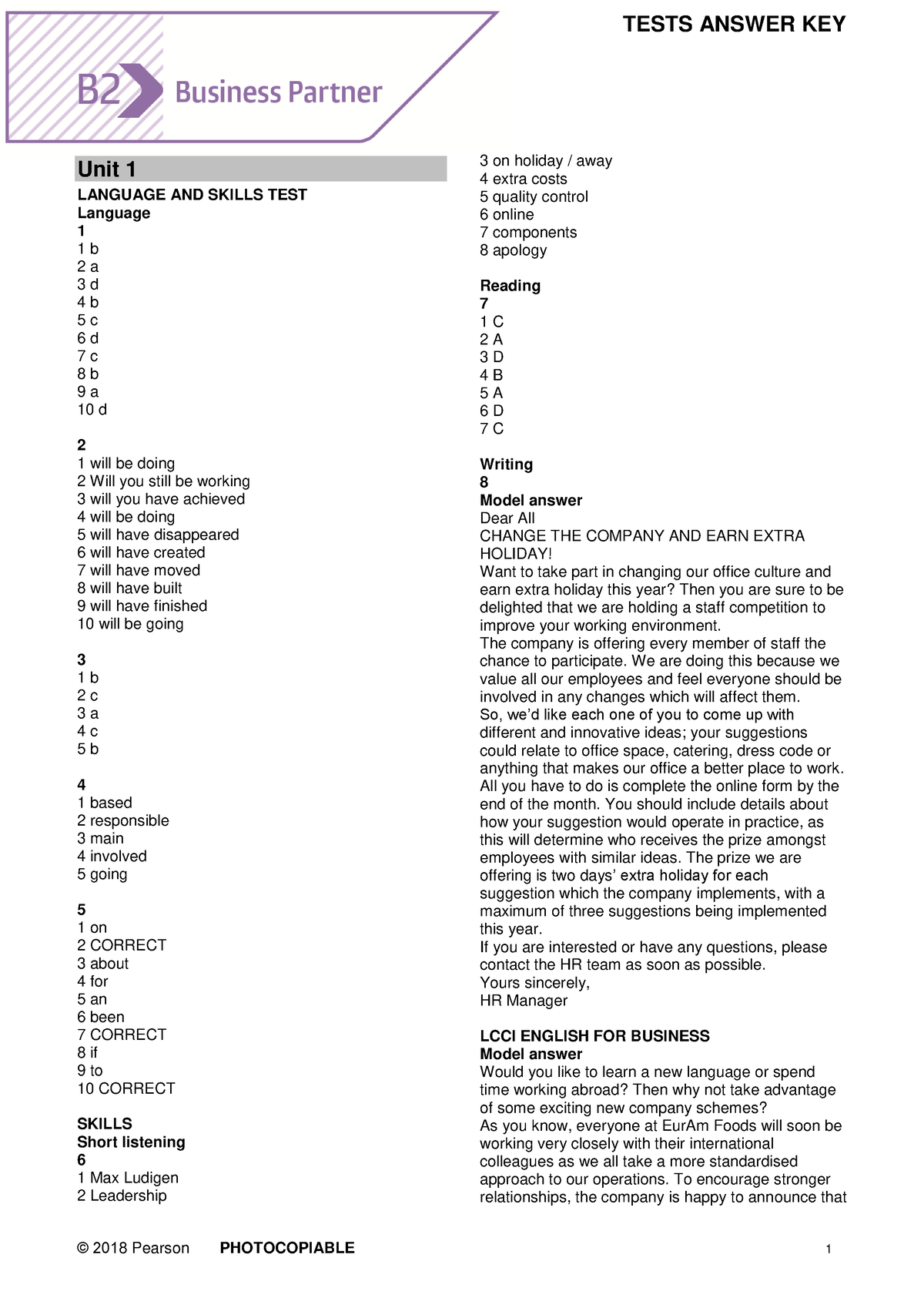 BP B2 Tests Answer Key - Sách ôn AV đại Học - Unit 1 LANGUAGE AND ...