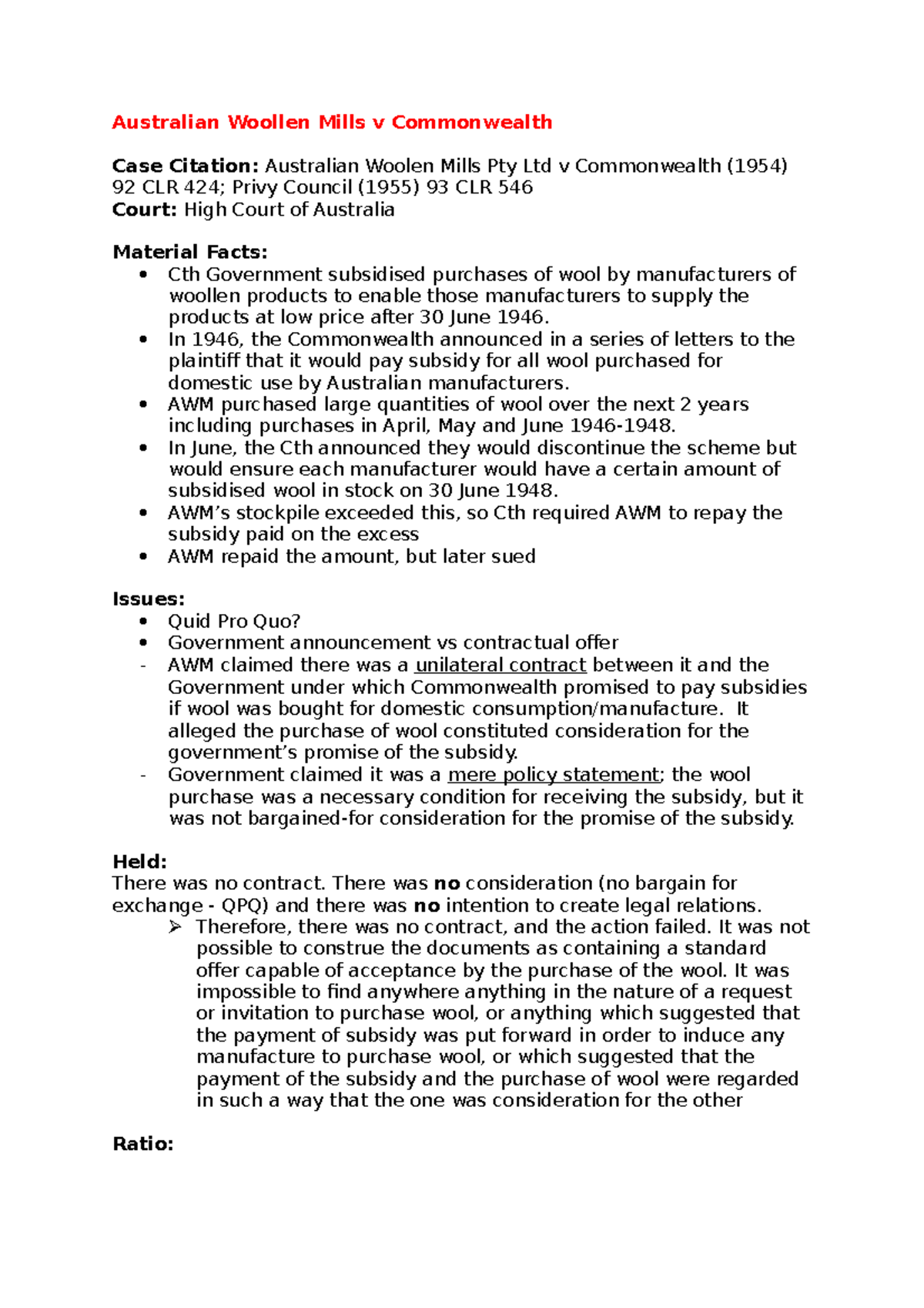 Aus Woollen Mills Case Summary Australian Woollen Mills v
