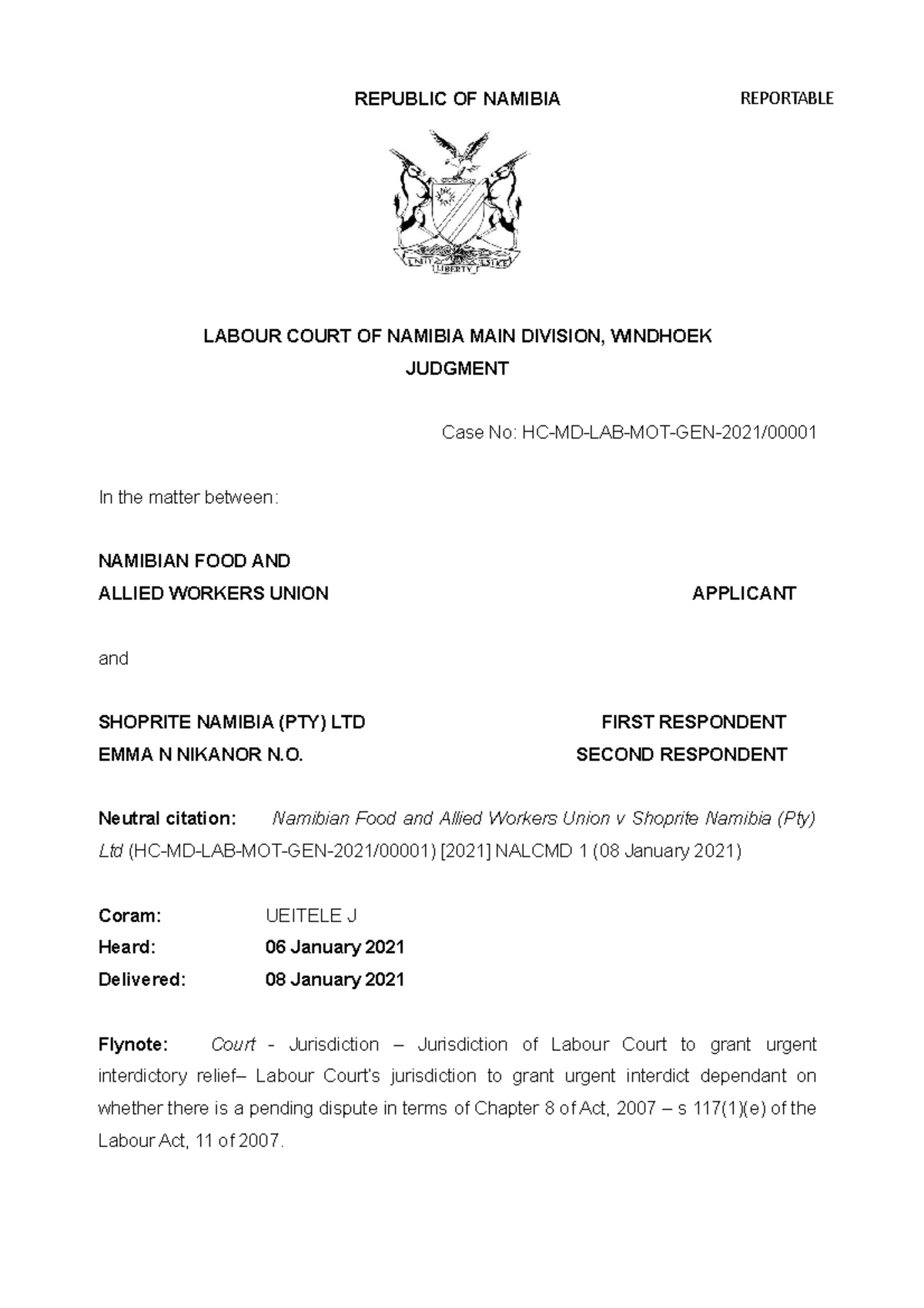 Nafau v Shoprite Namibia (Pty) Ltd (HC-MD-LAB-MOT-GEN-2021-00001) 2021 ...