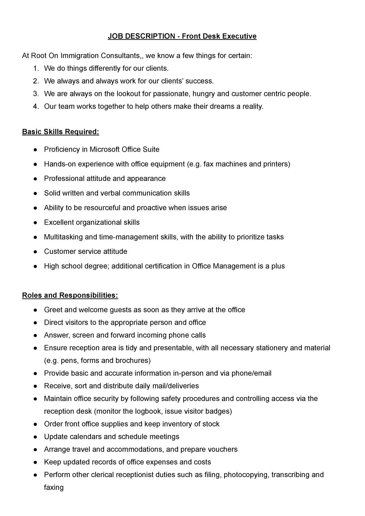 Job Description For Front Desk Executive JOB DESCRIPTION Front Desk 