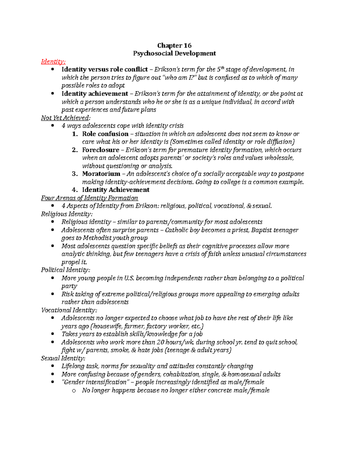 Chapter 16 TB Notes - Rosenthal - Chapter 16 Psychosocial Development ...