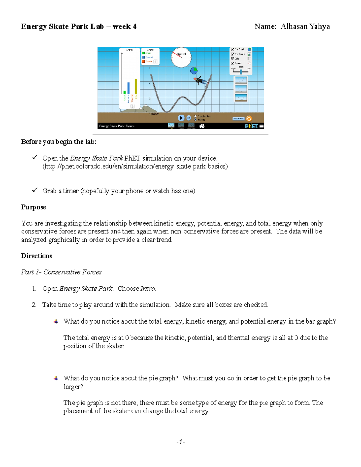 Energy and Power Lab - Energy Skate Park Lab – week 4 Name: Alhasan ...