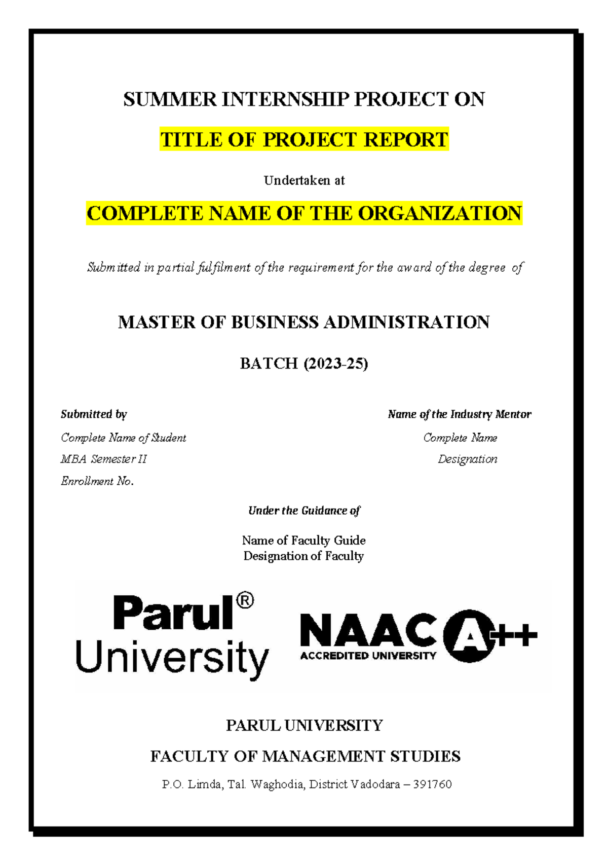 SIP Report Guidelines Final 406 - SUMMER INTERNSHIP PROJECT ON TITLE OF ...