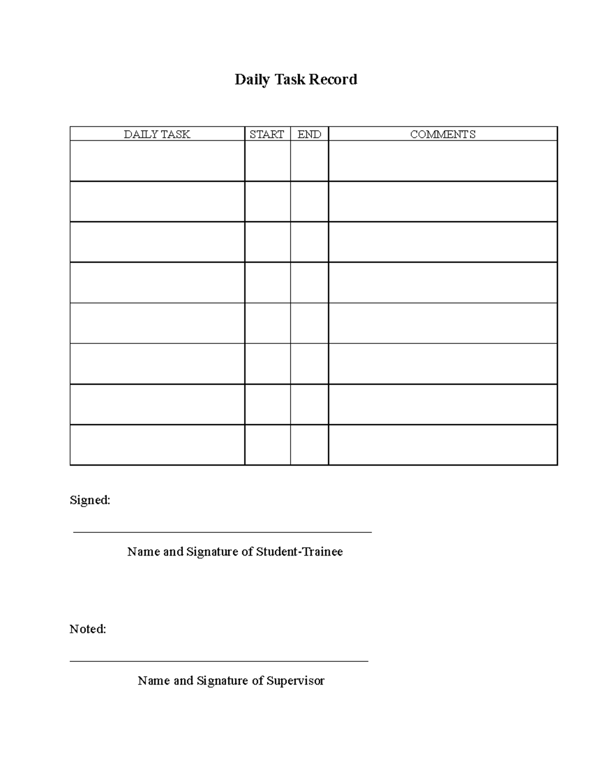 Daily TASK Record - English - Daily Task Record DAILY TASK START END ...