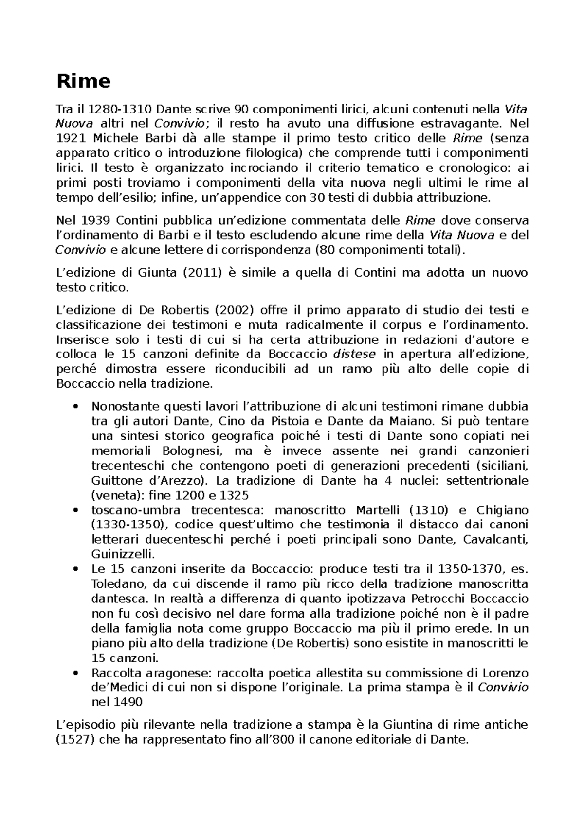 Dante filologia Schema riassuntivo Filologia e critica dantesca