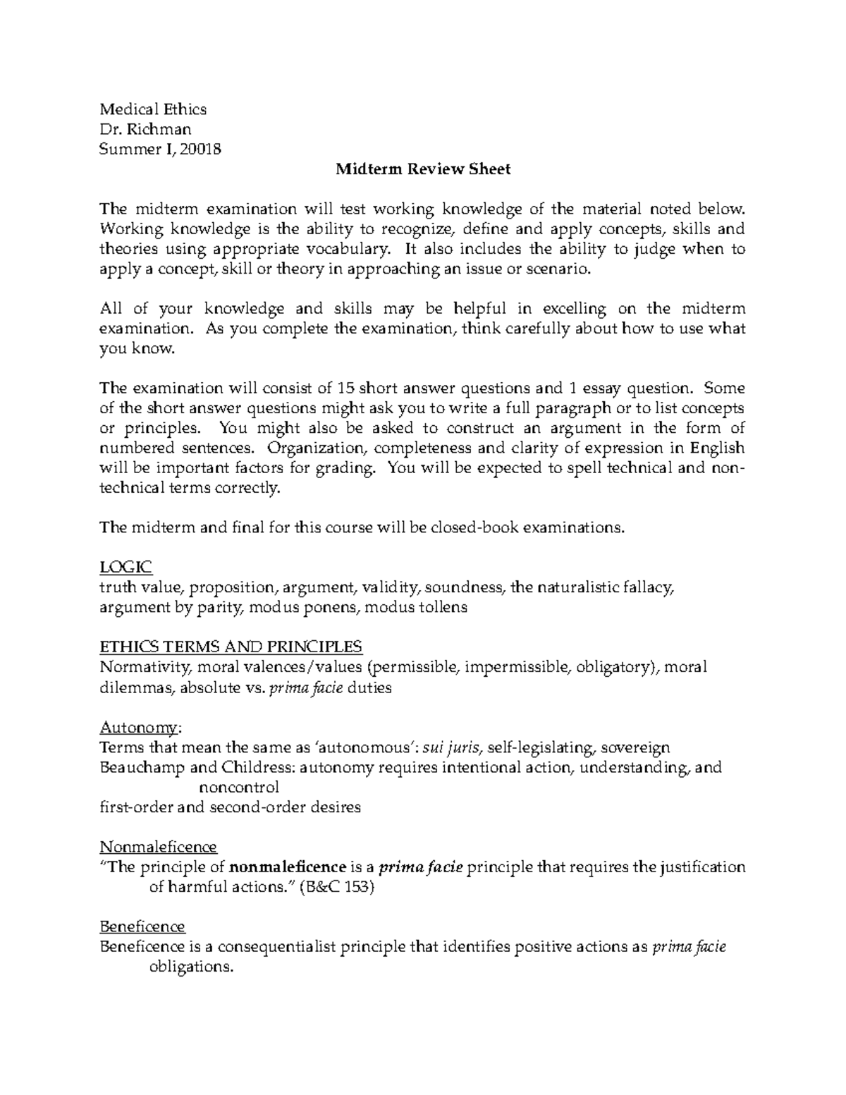 Midterm Review Sheet BU-2018 - Medical Ethics Dr. Richman Summer I ...