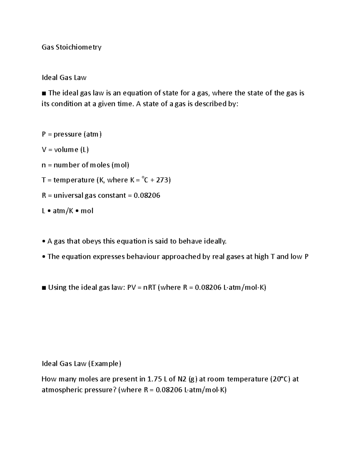 169 Gas Stoichiometry Gas Stoichiometry Ideal Gas Law The ideal gas