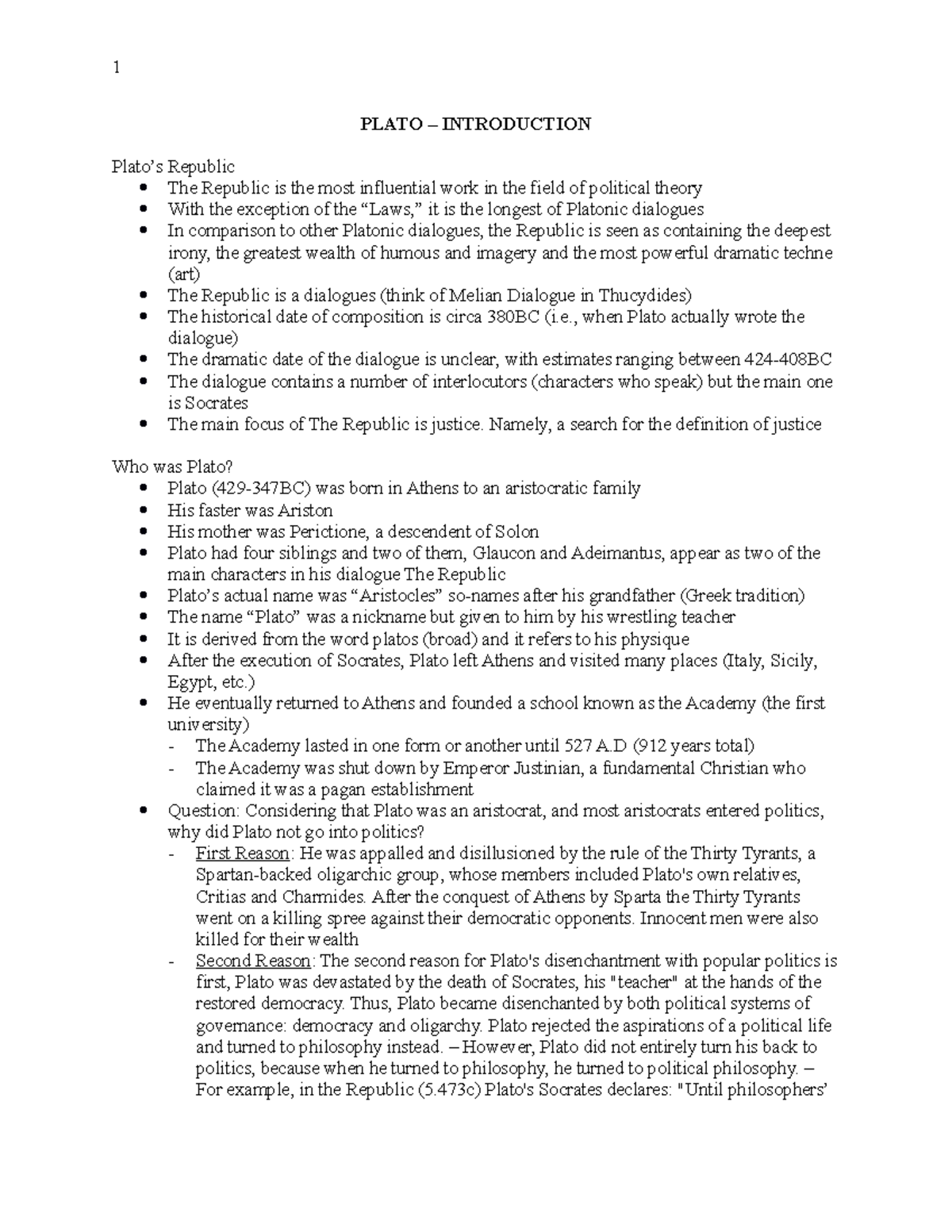 POLI 206 Notes - PLATO – INTRODUCTION Plato’s Republic The Republic is ...