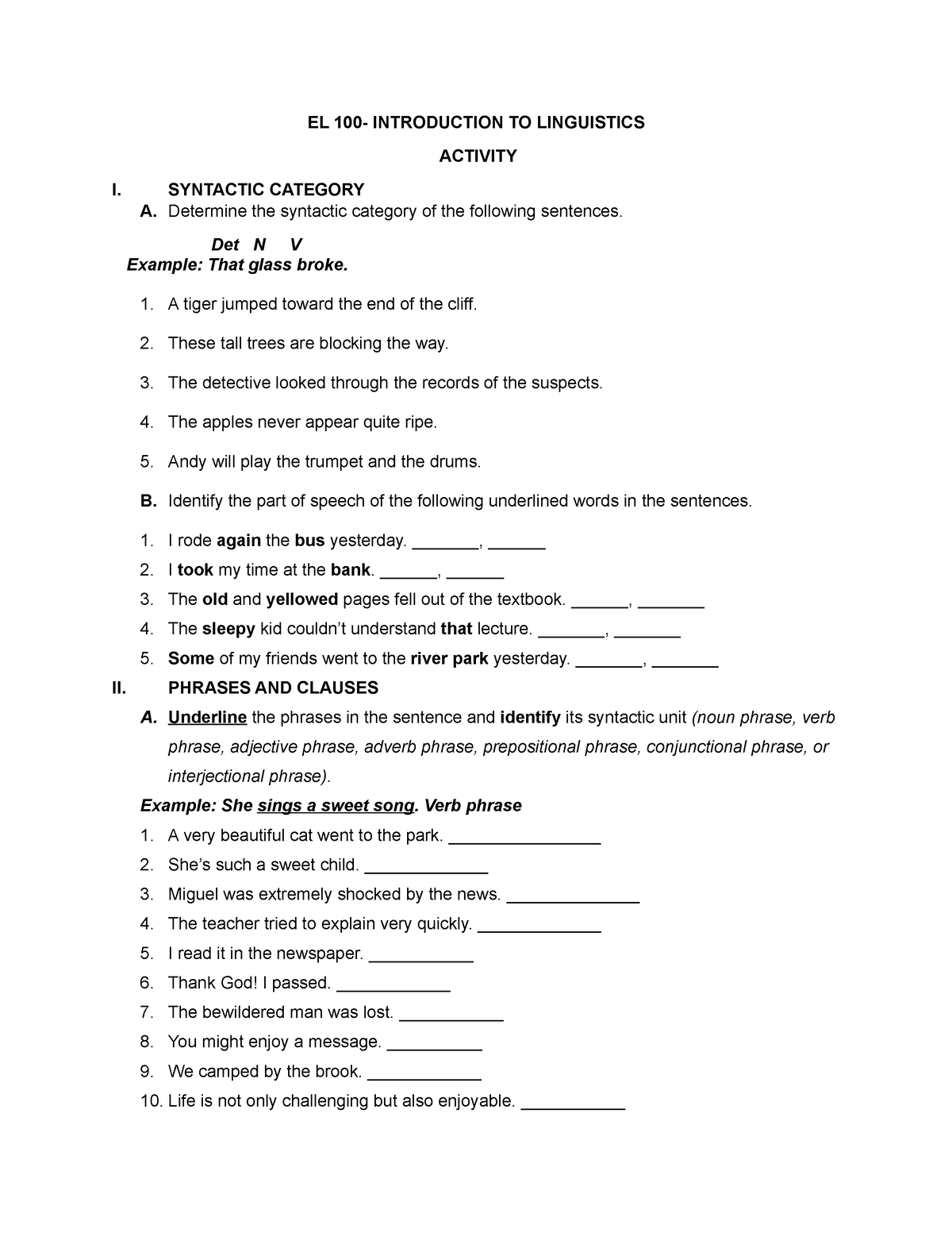 EL 100 activity Syntax - EL 100- INTRODUCTION TO LINGUISTICS ACTIVITY I ...