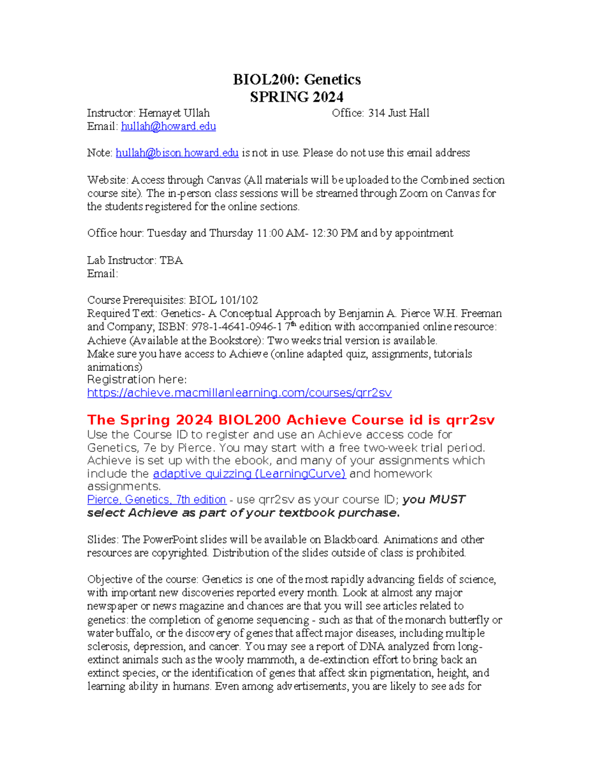 Syllabus Lectures Spring 2024 BIOL200 SPRING 2024