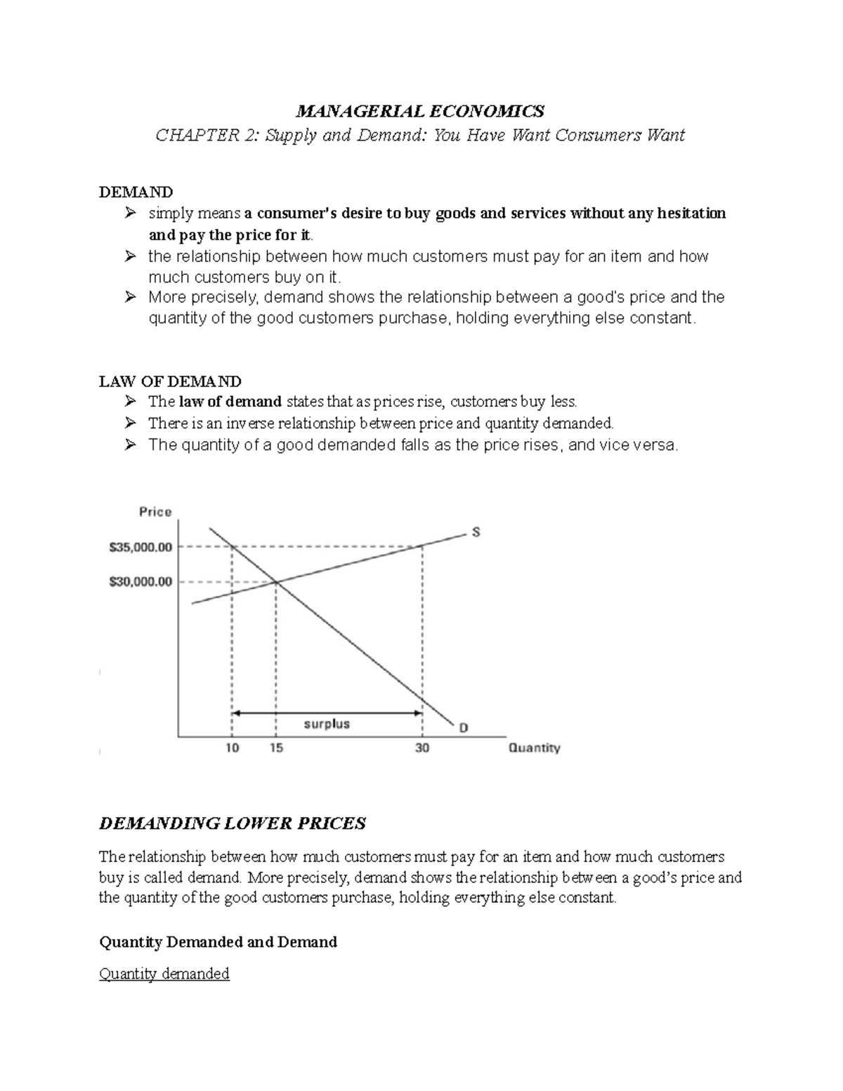 Chapter 2 ECON Summary NOTES MANAGERIAL ECONOMICS CHAPTER 2 Supply