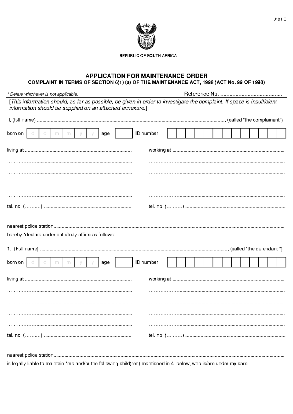 MNT Form A Application FOR Maintainance - REPUBLIC OF SOUTH AFRICA ...