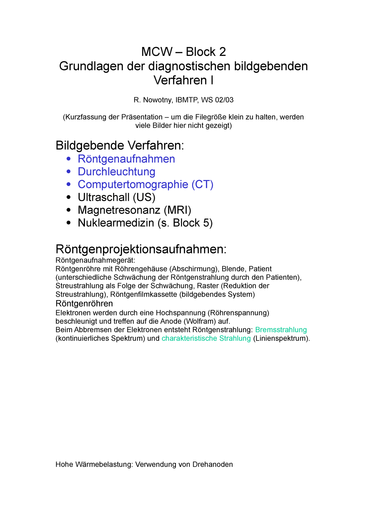 Bildgebende Verfahren 1 - MCW – Block 2 Grundlagen Der Diagnostischen ...