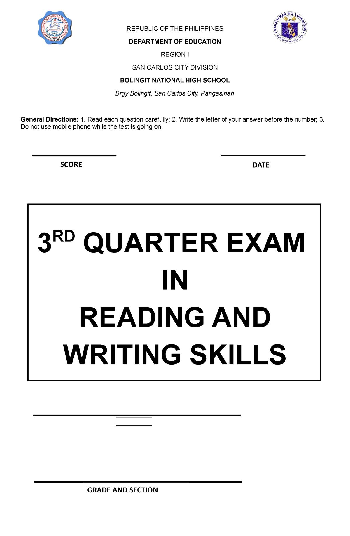 414239507 Third Periodic Test In Reading And Writing - REPUBLIC OF THE ...