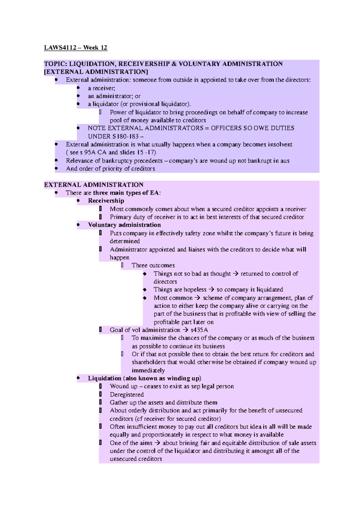 LAWS4112 Week 12 Liquidation, Receivership, Voluntary
