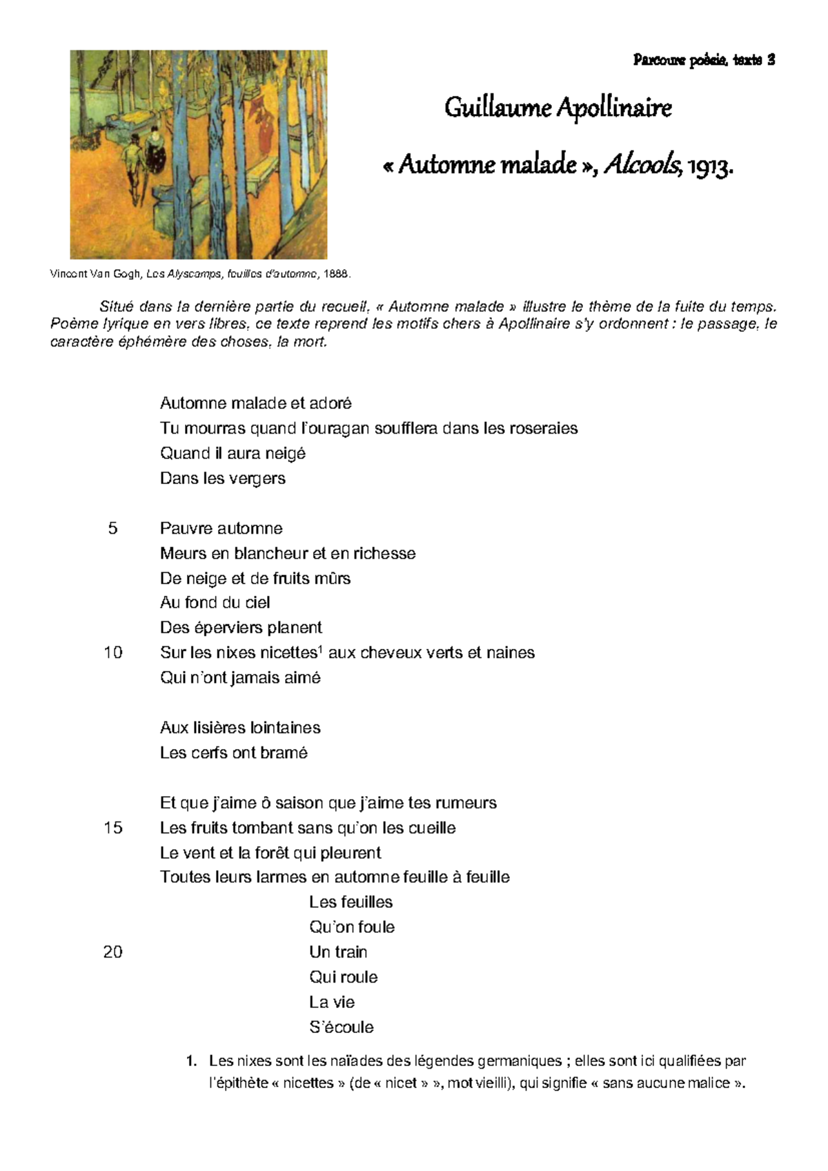 Parcours 4 texte 3 Apollinaire Parcours poésie, texte 3 Guillaume
