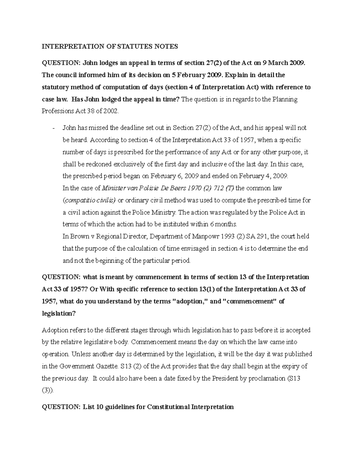 Interpretation OF Statutes Notes ITH41B0 UJ Studocu
