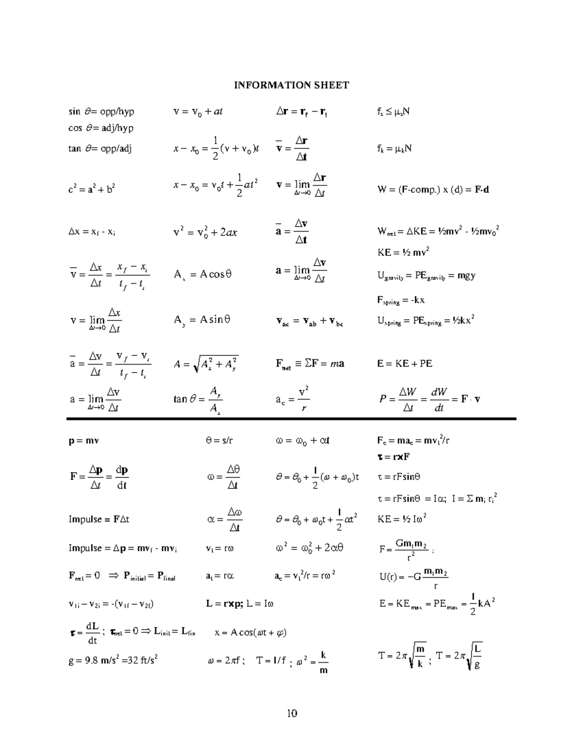 PHYS 2050 information sheet 4 - 10 INFORMATION SHEET sin = opp/hyp v v ...