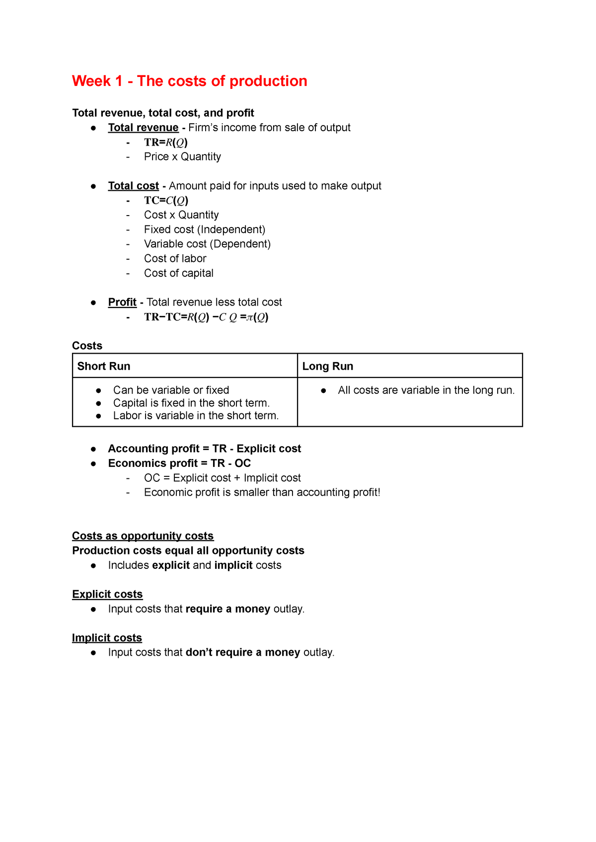 Week 1 - The costs of production - Week 1 - The costs of production ...