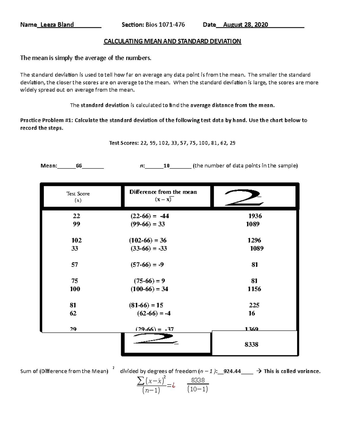 Worksheet Lab Exercise Calculating Standard Deviation - Test Score(x)  Difference from the mean(x – - Studocu