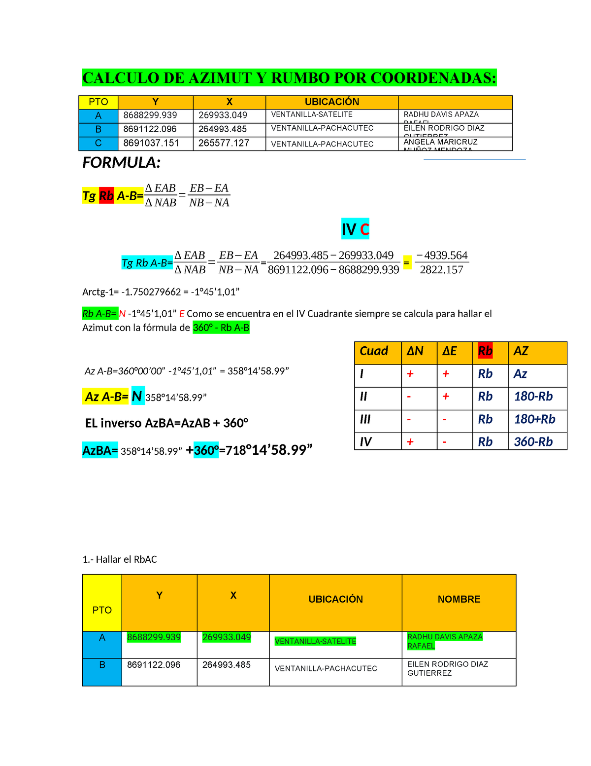 Examen Calculo DE Azimut Y Rumbo POR Coordenadas - CALCULO DE AZIMUT Y ...