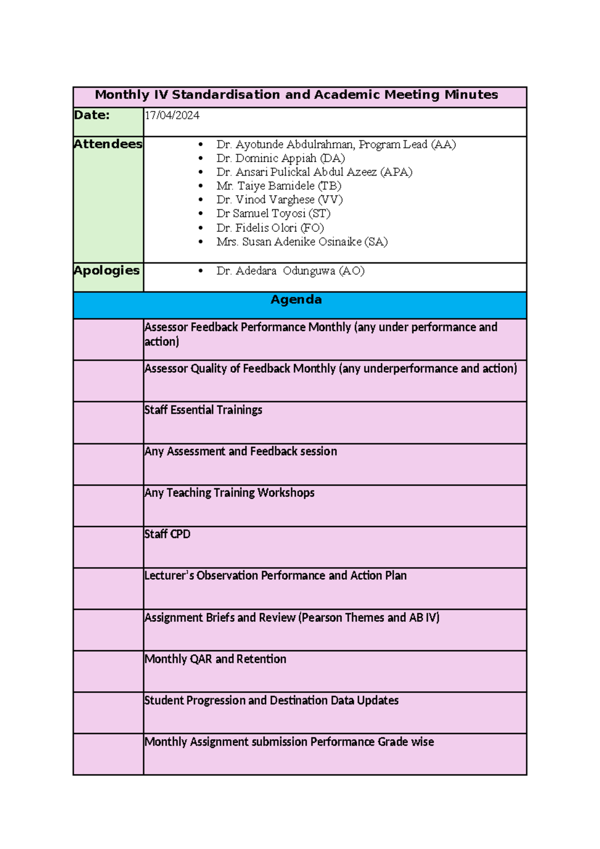 17th April 2024 Minutes - Monthly IV Standardisation and Academic ...
