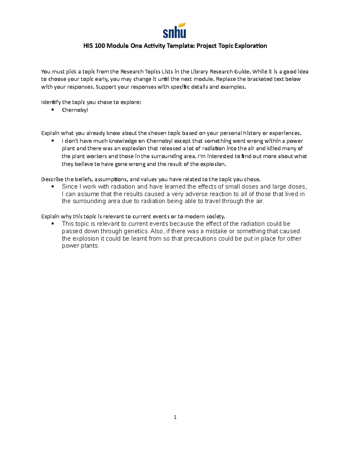 Module 1 activity - HIS 100 Module One Activity Template: Project Topic ...