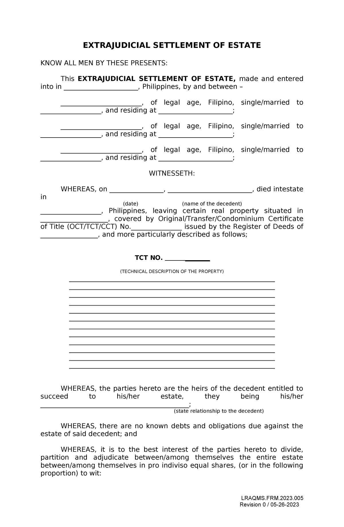 Extrajudicial Settlement OF Estate Annex E - EXTRAJUDICIAL SETTLEMENT ...