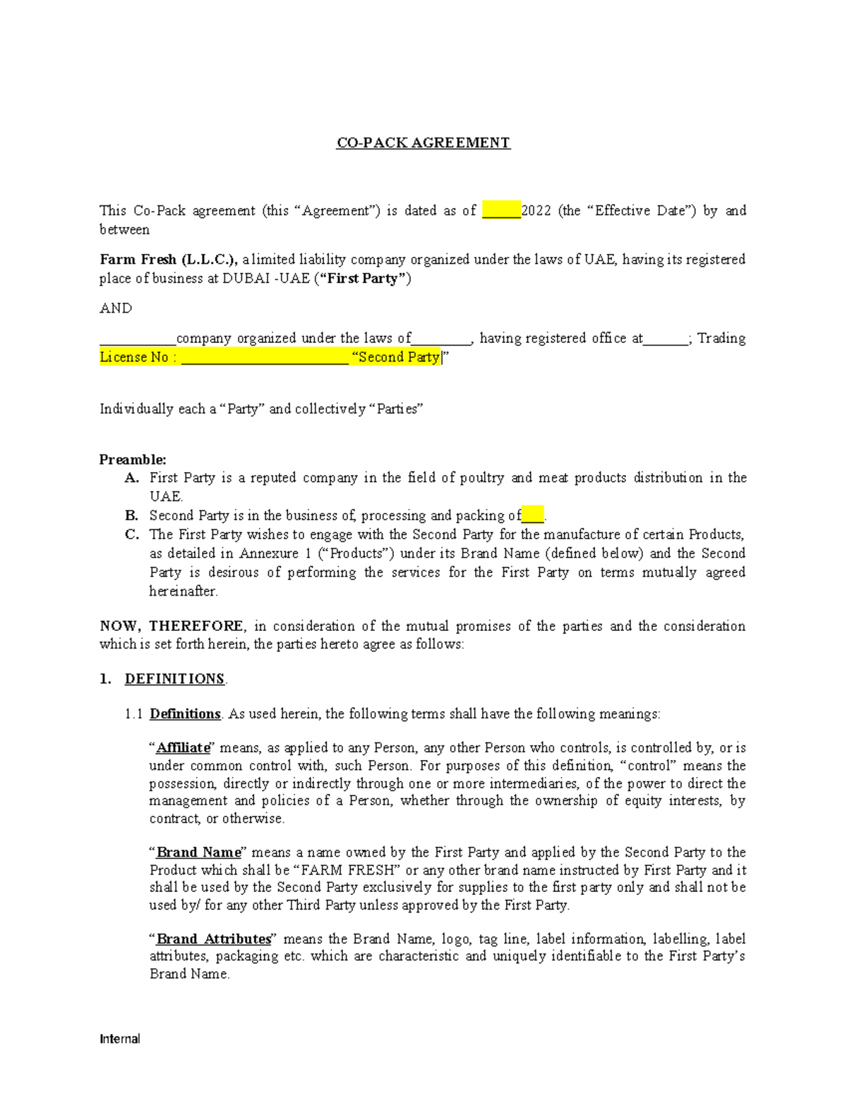 Co-Pack template Draft GMG - CO-PACK AGREEMENT This Co-Pack agreement ...