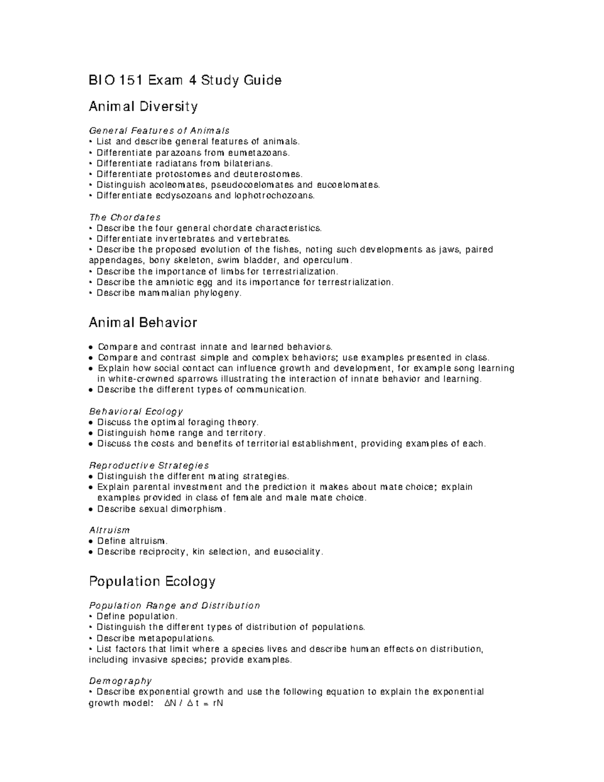 BIO 151 Exam 4 Study Guide 2017 - BI O 151 Exam 4 St udy Guide Animal ...