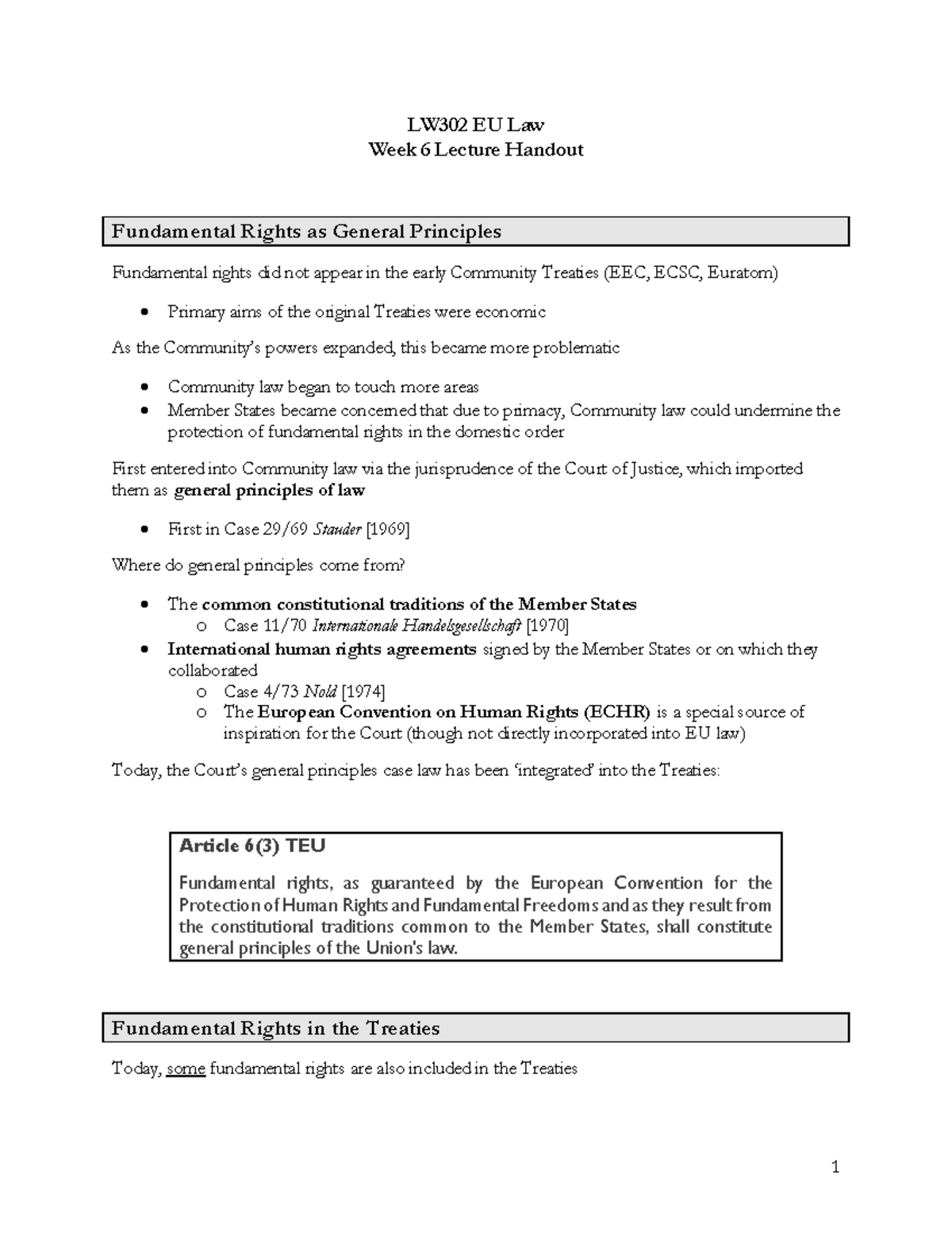 Human Rights and Fundamental Rights - LW302 EU Law Week 6 Lecture ...