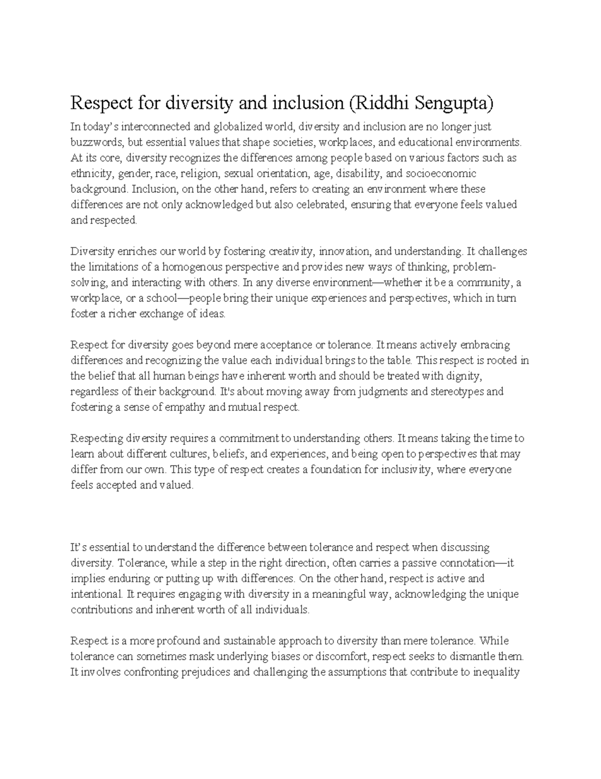 Respect for diversity and inclusion (Riddhi Sengupta) - At its core ...