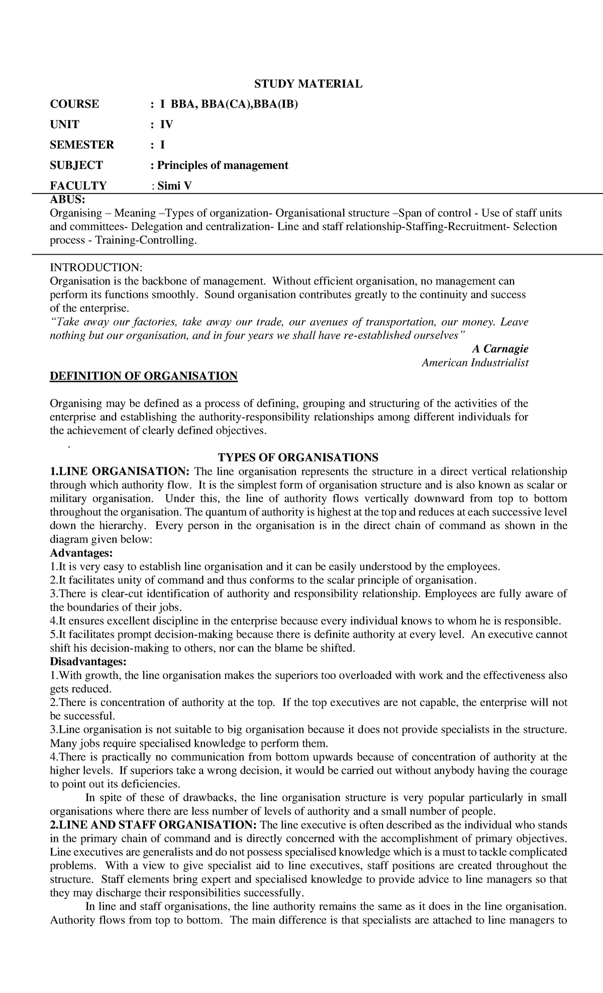 POM - U4 - Notes - STUDY MATERIAL COURSE : I BBA, BBA(CA),BBA(IB) UNIT ...