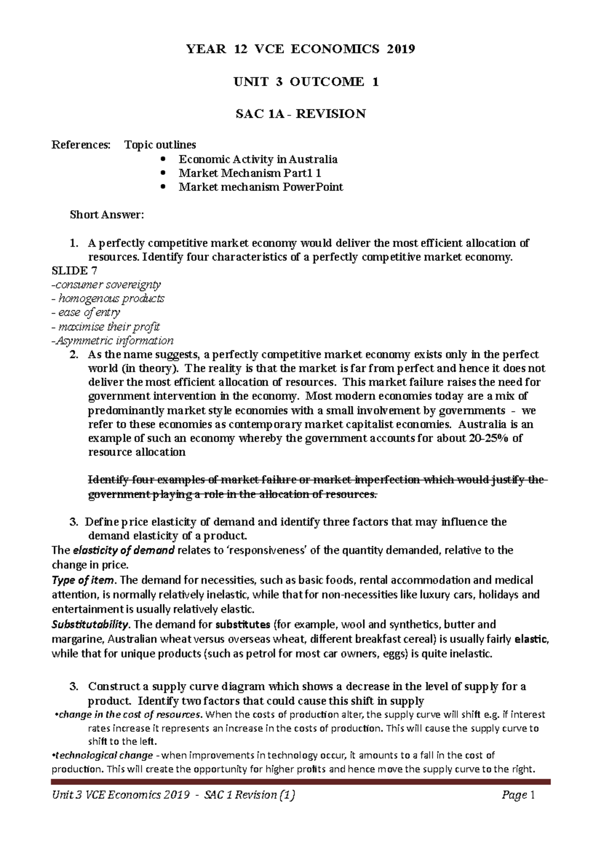 SAc 1A revision economics - YEAR 12 VCE ECONOMICS 2019 UNIT 3 OUTCOME 1 ...