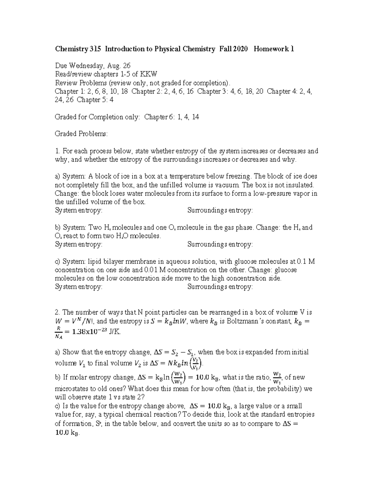 Homework 1 Fall 2019 - Chemistry 315 Introduction To Physical Chemistry ...