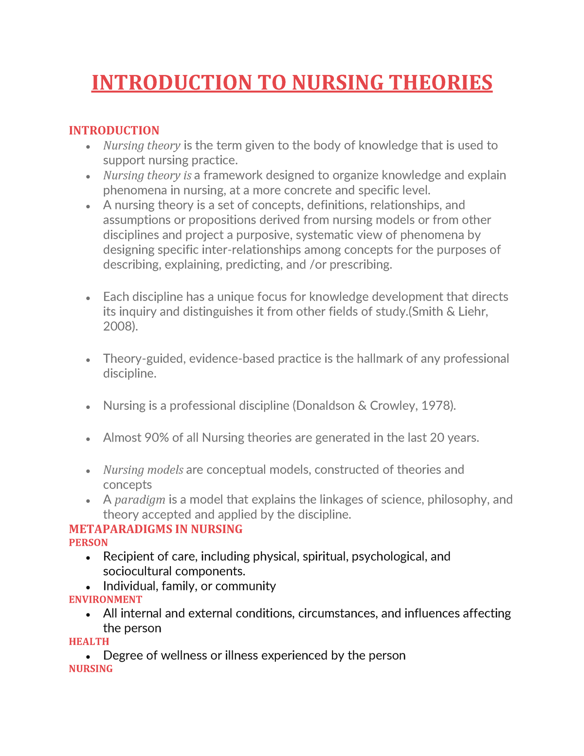 Nursing Theories - INTRODUCTION TO NURSING THEORIES INTRODUCTION ...