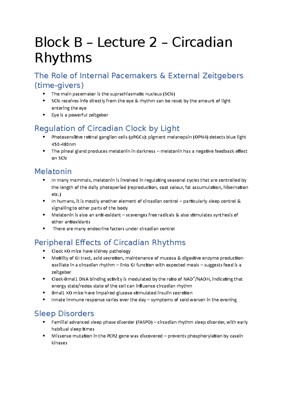 Block B - Lecture 2 - Circadian Rhythms - Block B – Lecture 2 ...