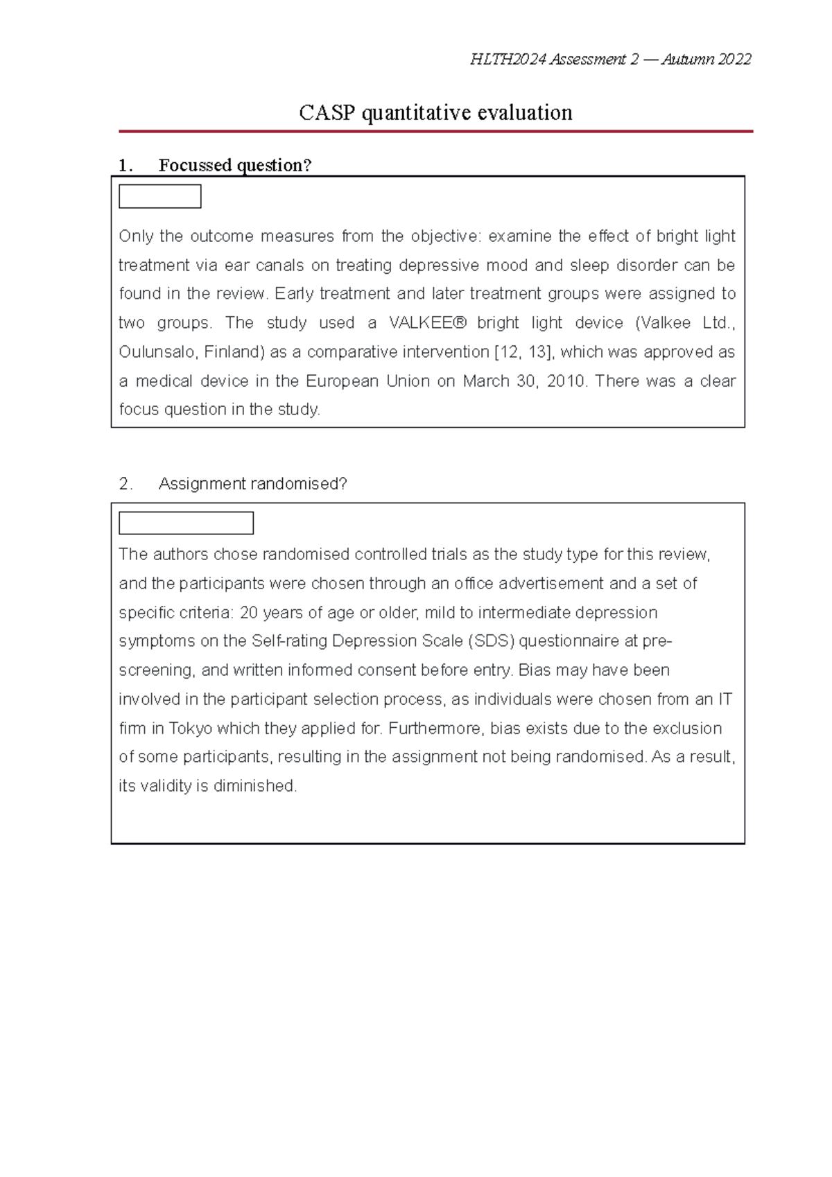 CASP Assessment the assignment is done in semester one. based of a