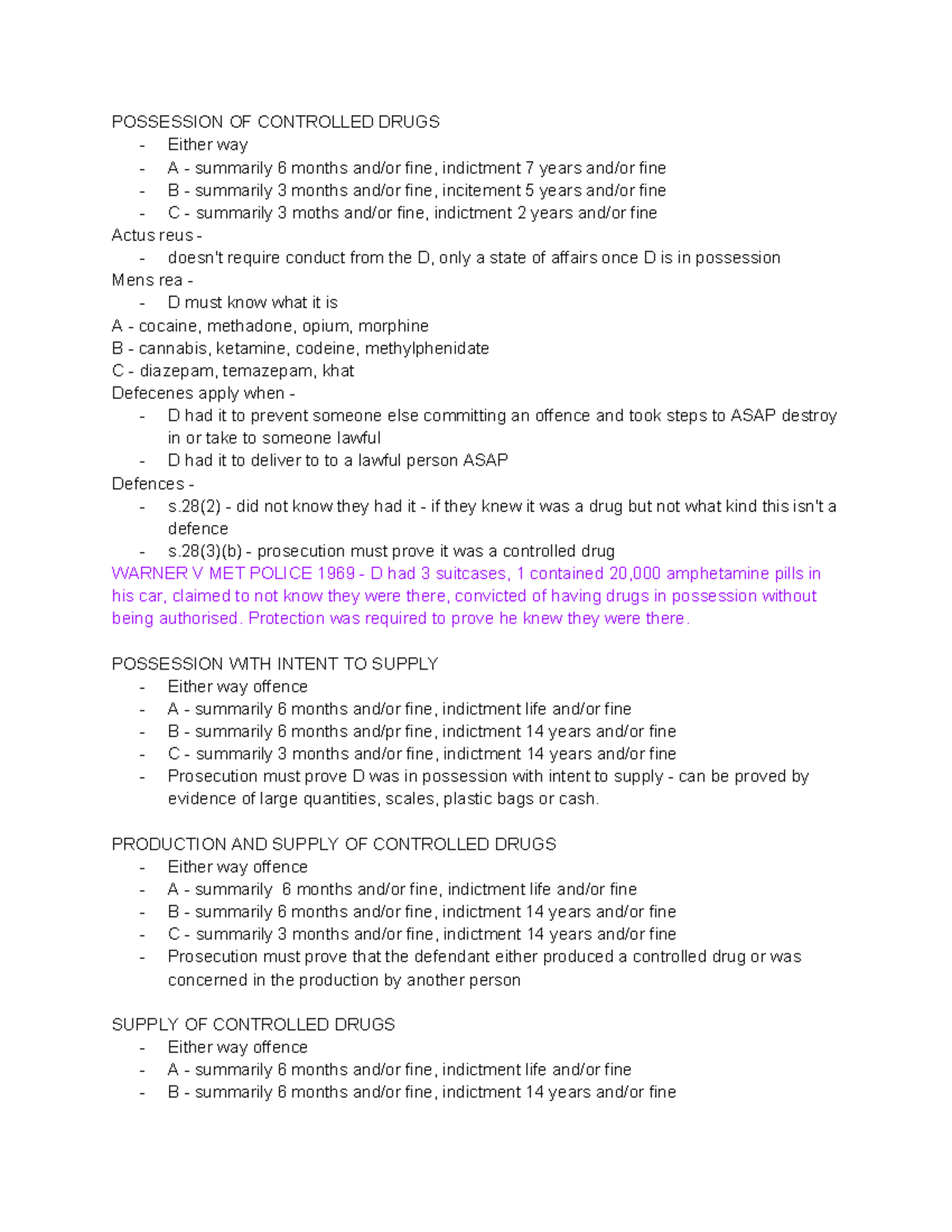 Misuse OF Drugs revision summary - POSSESSION OF CONTROLLED DRUGS ...