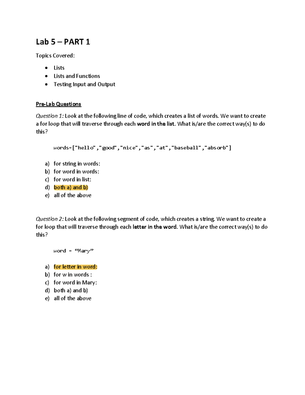 Lab 5 - Lab 5 - Lab 5 – PART 1 Topics Covered: Lists Lists And ...