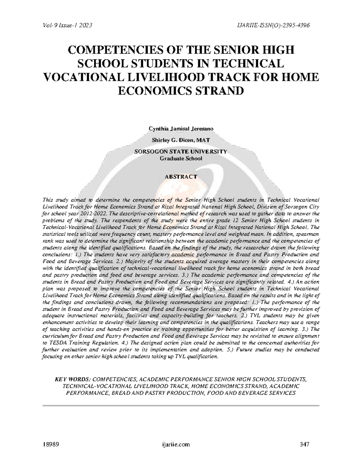 Competencies OF THE Senior HIGH School Students IN Technical Vocational Livelihood Track FOR