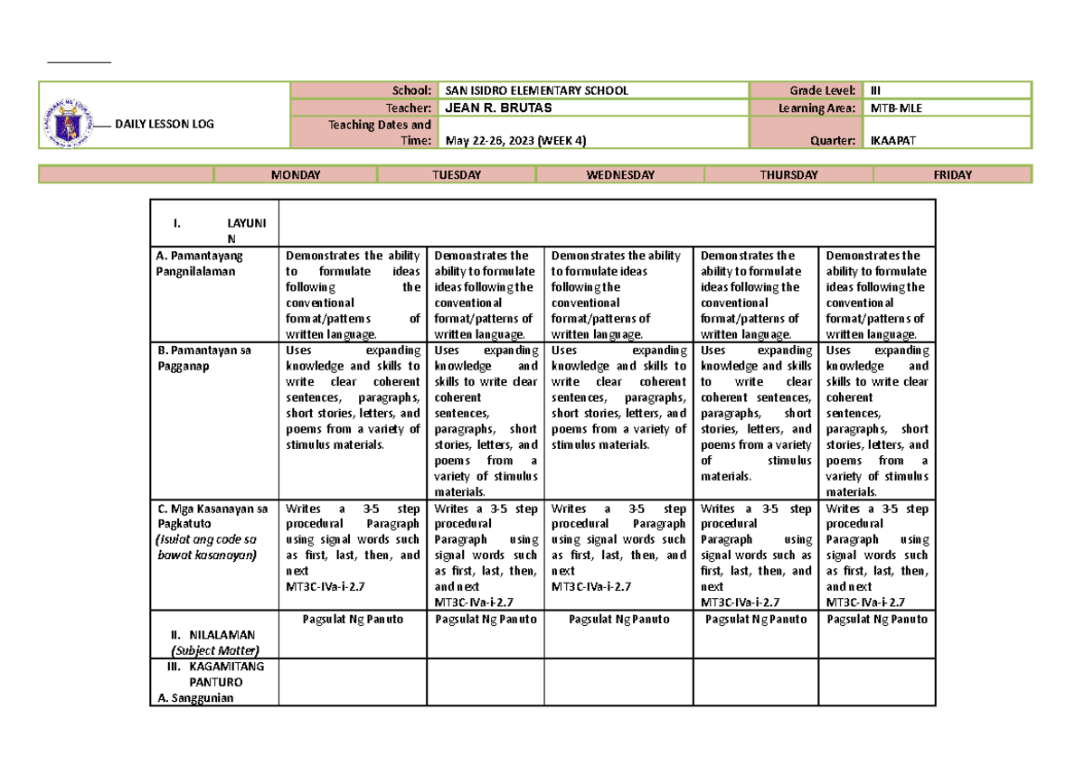 Q4 DLL MTB WEEK 4 - Q4 DLL - DAILY LESSON LOG School: SAN ISIDRO ...