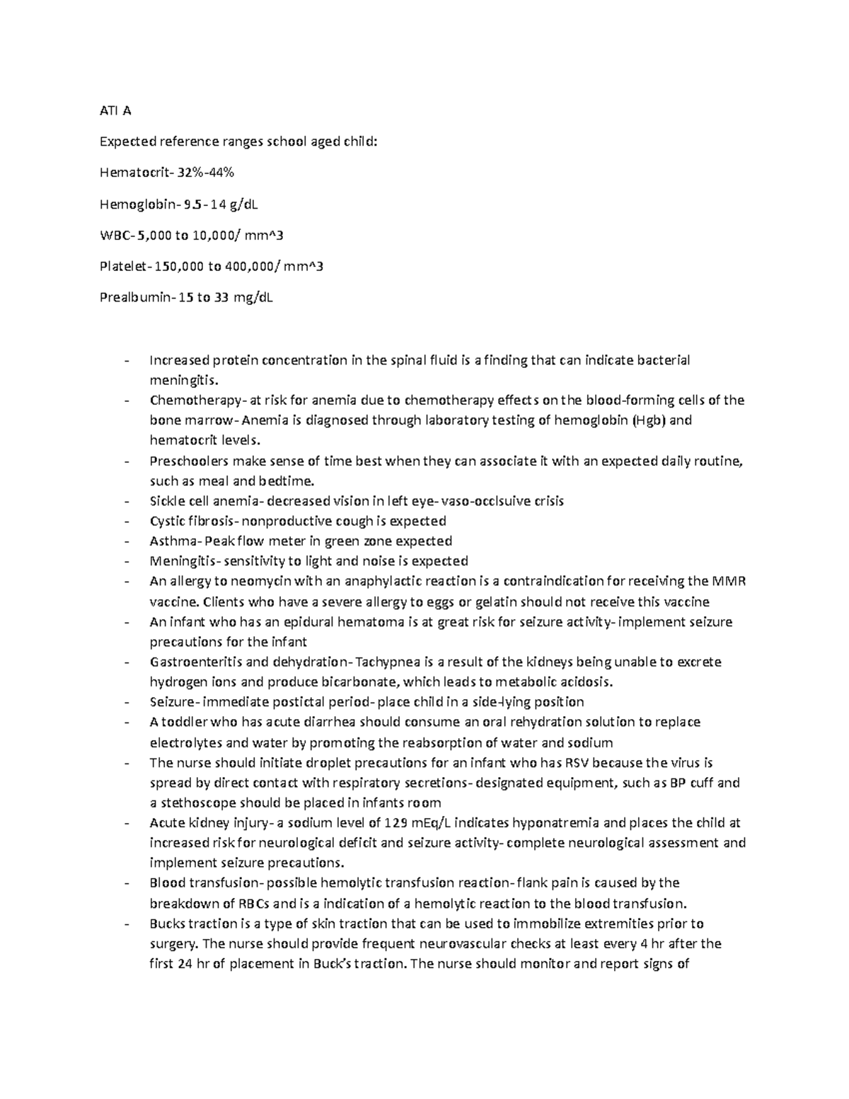 ATI A B notes - ATI A Expected reference ranges school aged child ...