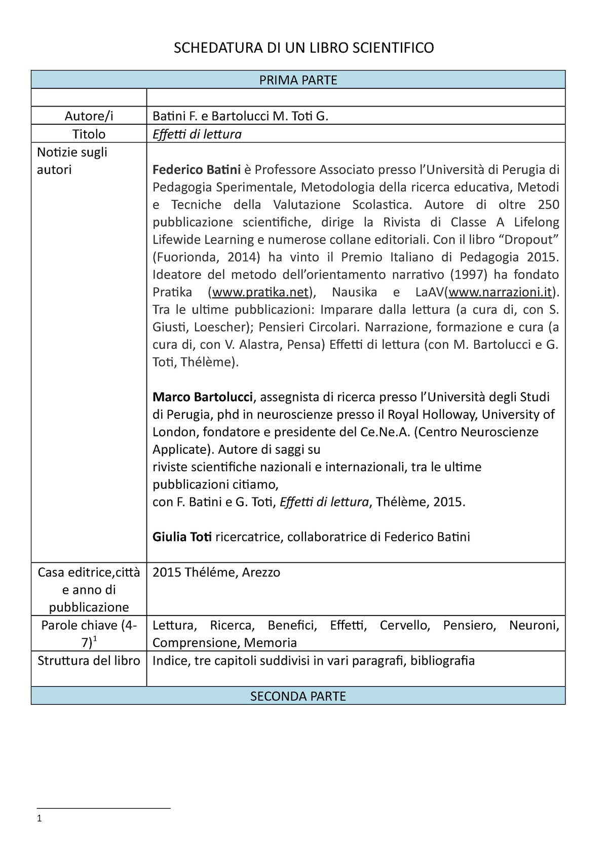 Schedatura Effetti DI Lettura - SCHEDATURA DI UN LIBRO SCIENTIFICO PRIMA  PARTE Autore/i Batini F. e - Studocu