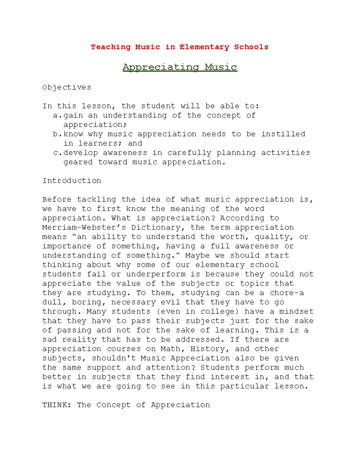 Teaching Music in Elementary SchoolsAppreciating Music Teaching