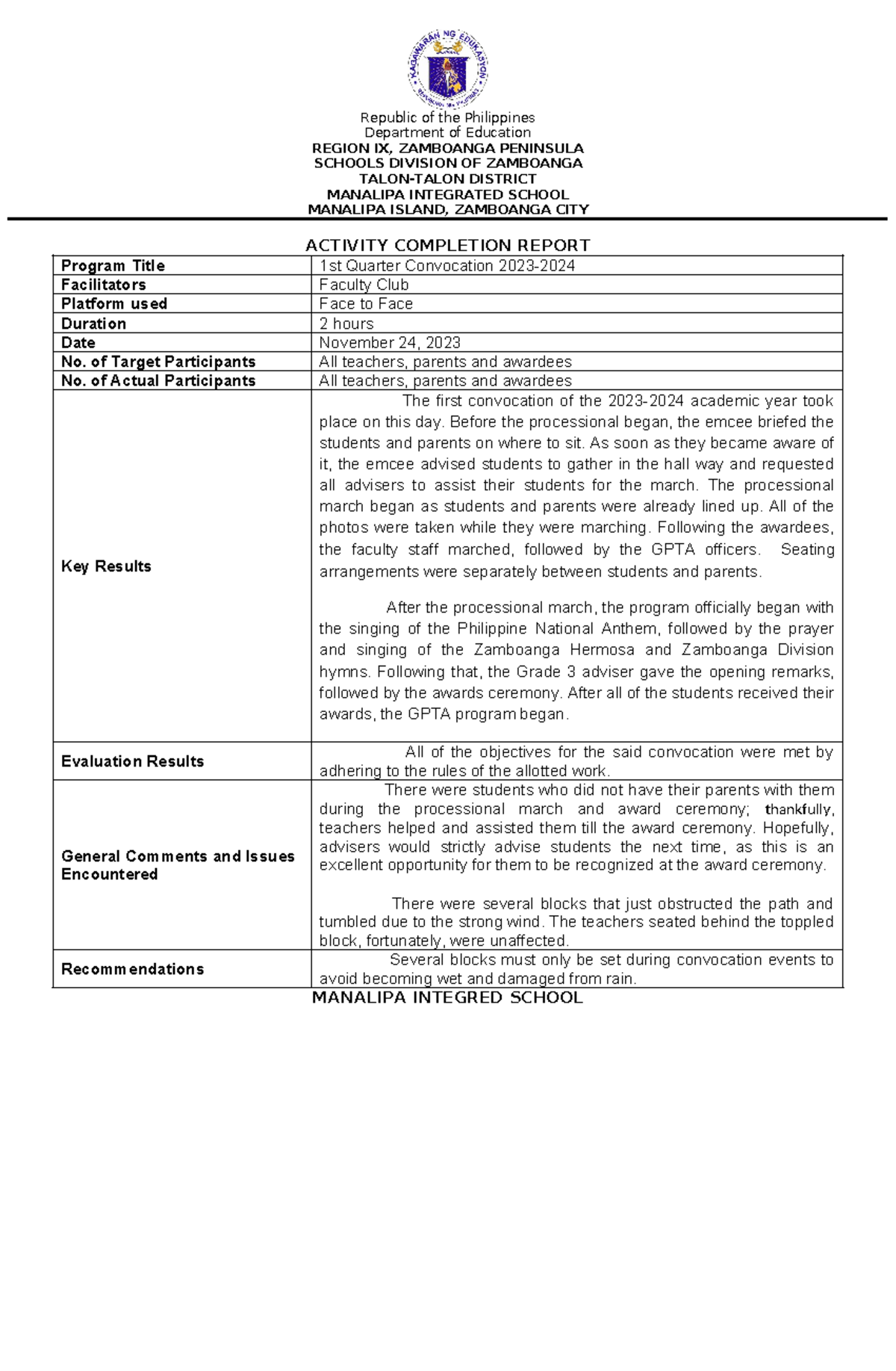 1st Quarter Convocation 2023 2024 Republic Of The Philippines Department Of Education Region 1110