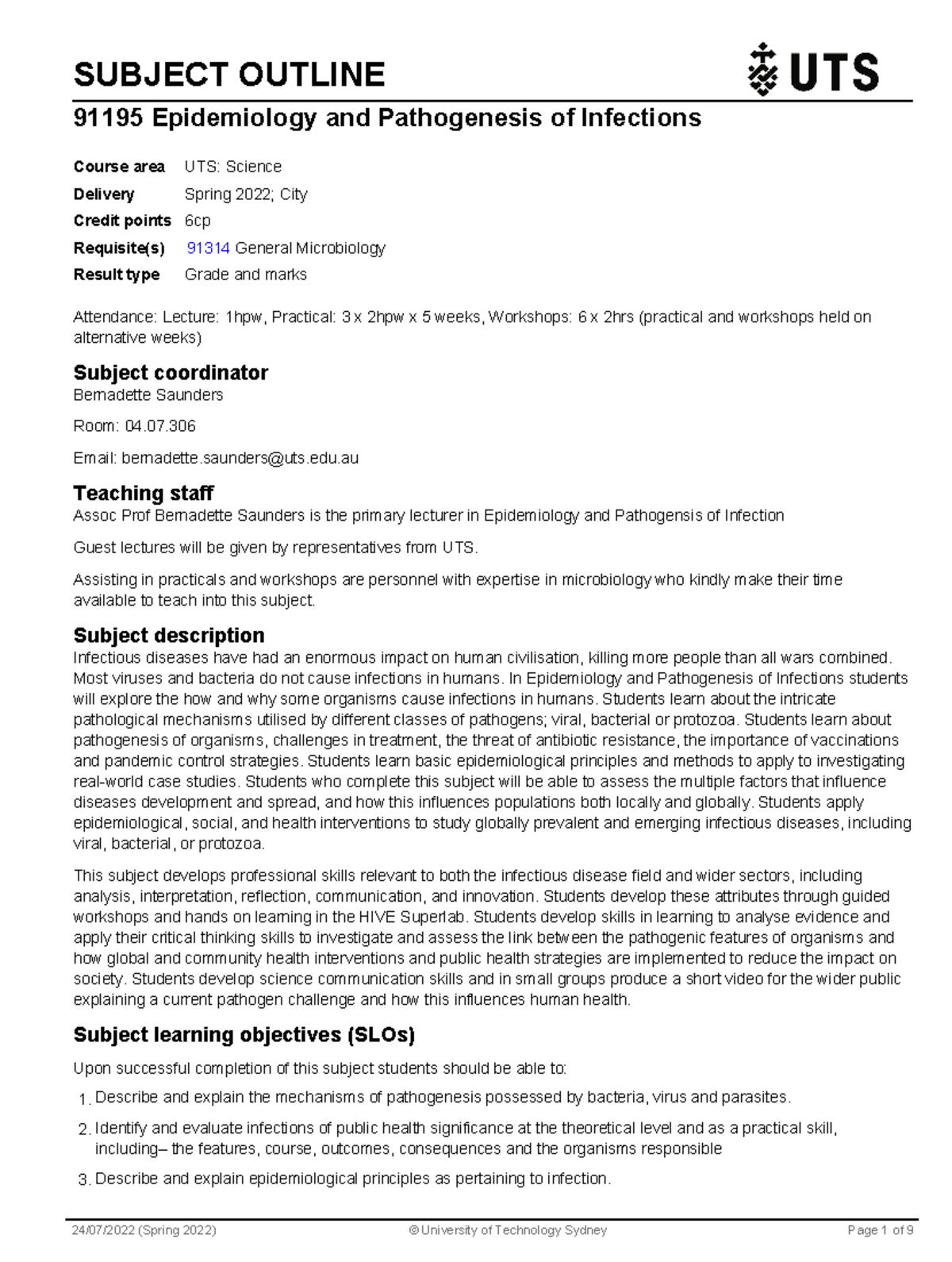 Epi subject outline SUBJECT OUTLINE 91195 Epidemiology and