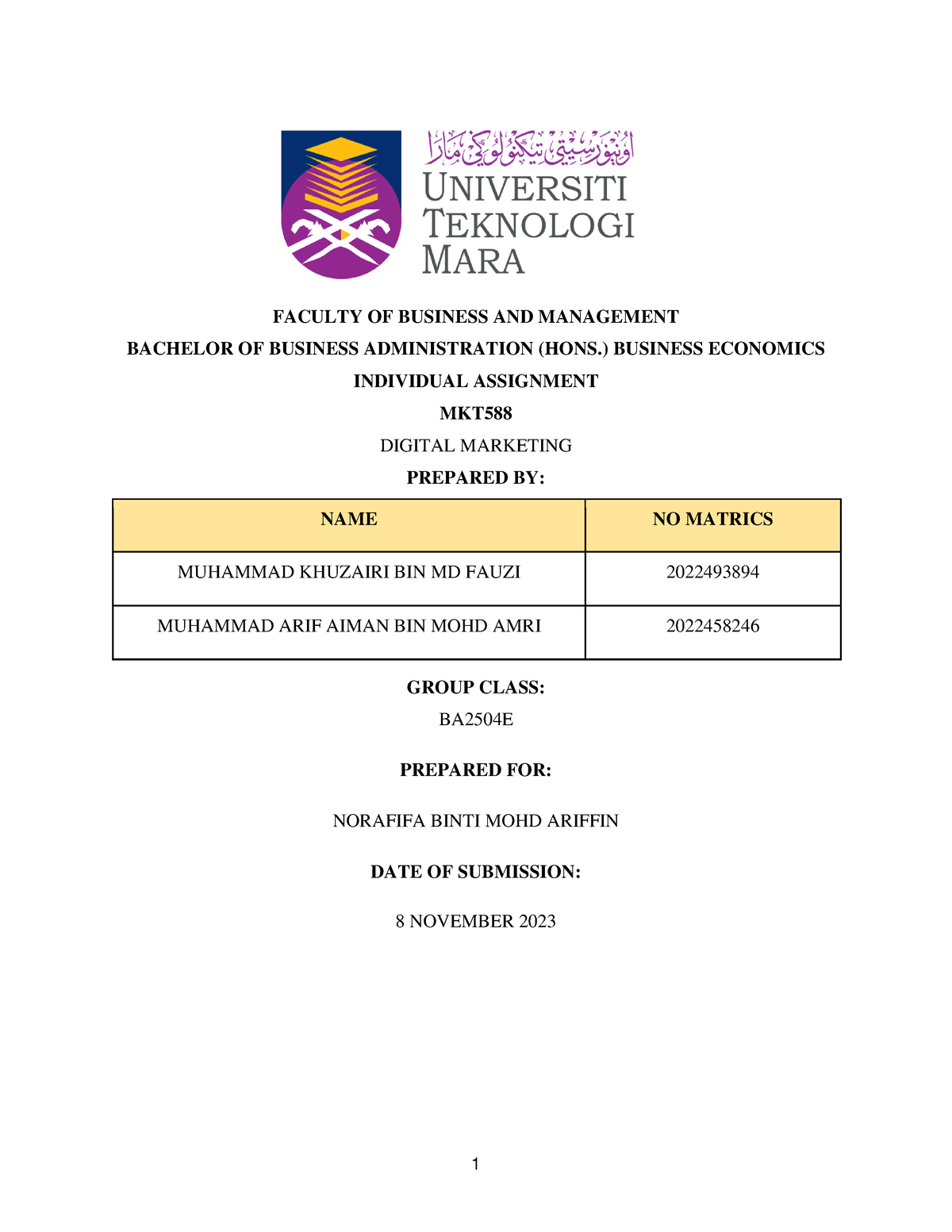 Pair Assignment - FACULTY OF BUSINESS AND MANAGEMENT BACHELOR OF ...