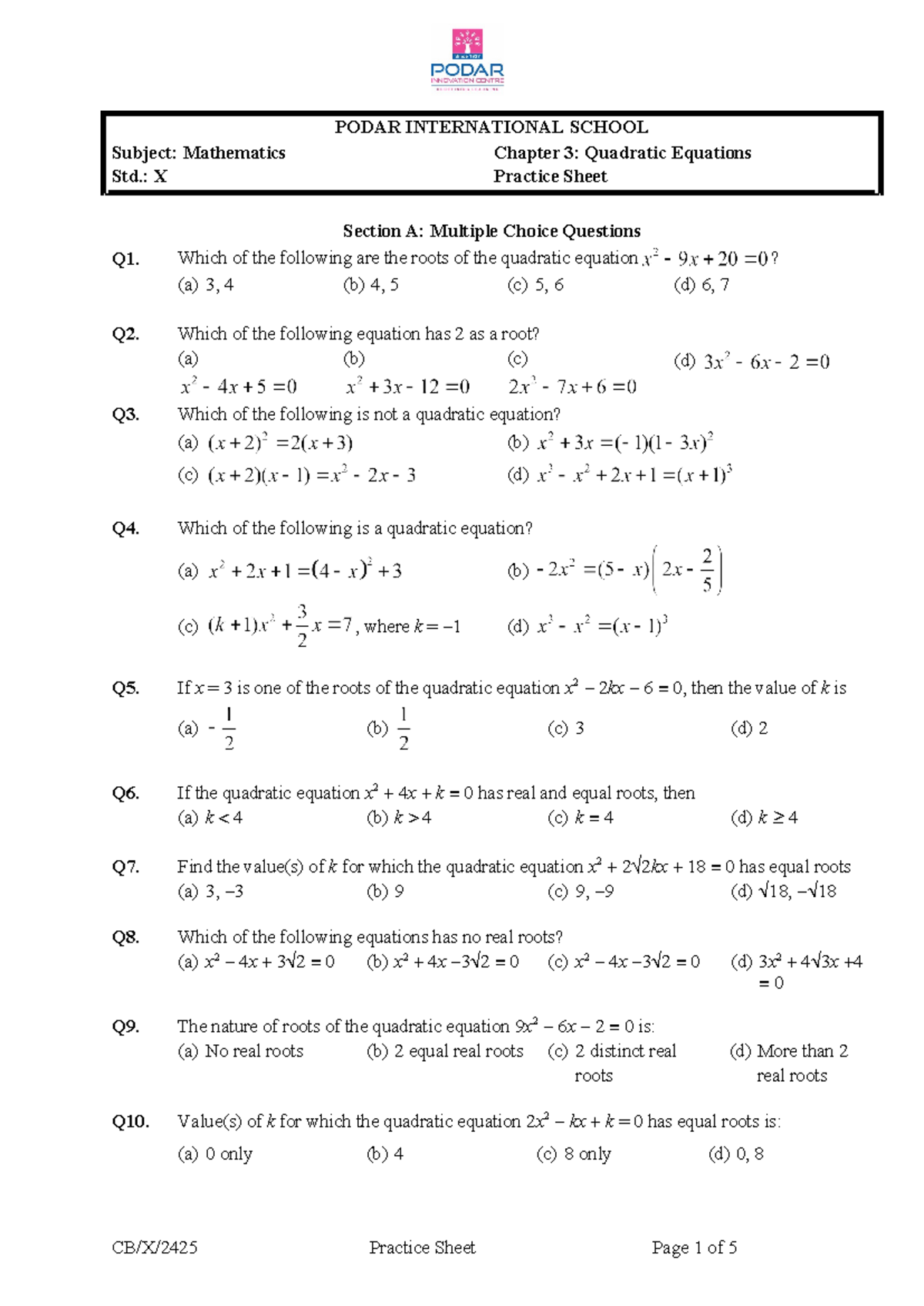 PS CB X Math Quadratic equations - PODAR INTERNATIONAL SCHOOL Subject ...